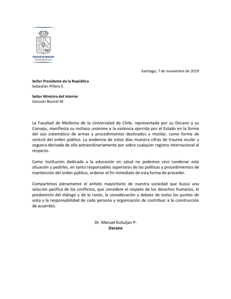 La carta de la Facultad de Medicina de U. de Chile al 