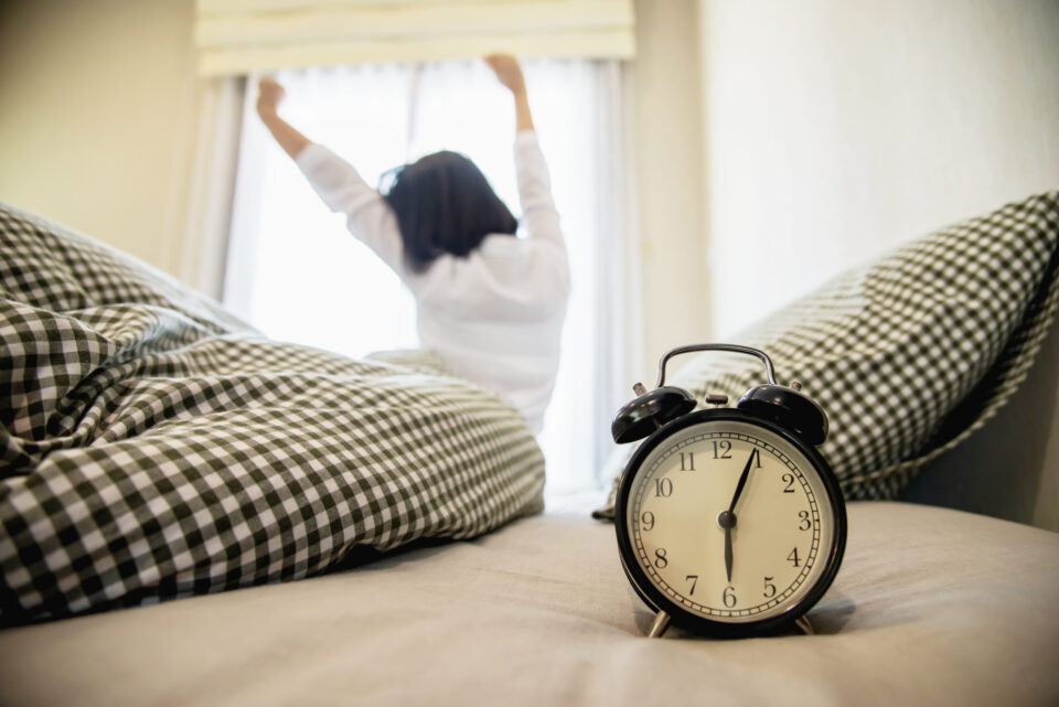 Lady wake up stretch oneself lazily for fresh morning health care concept